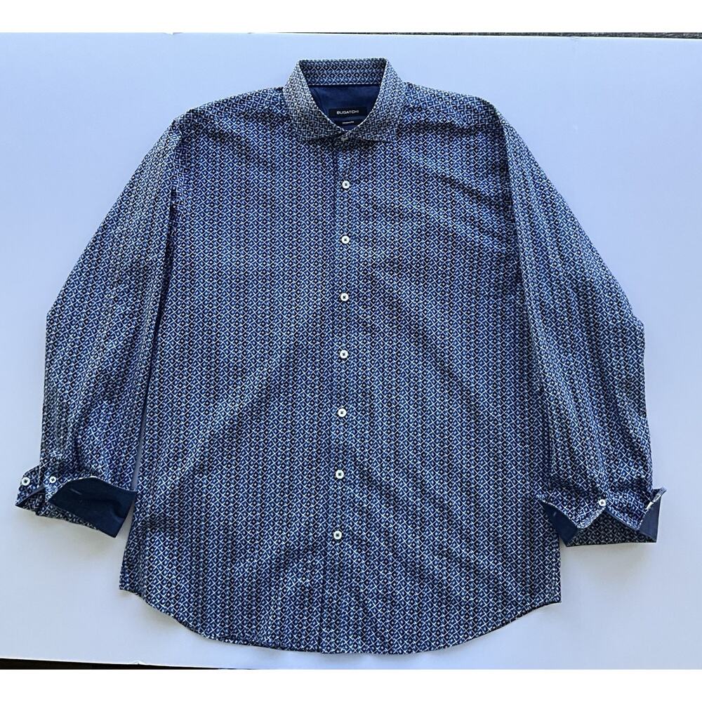 Bugatchi Mens Shaped Fit Blue White Geometric Button-Up Shirt Long Sleeve XL